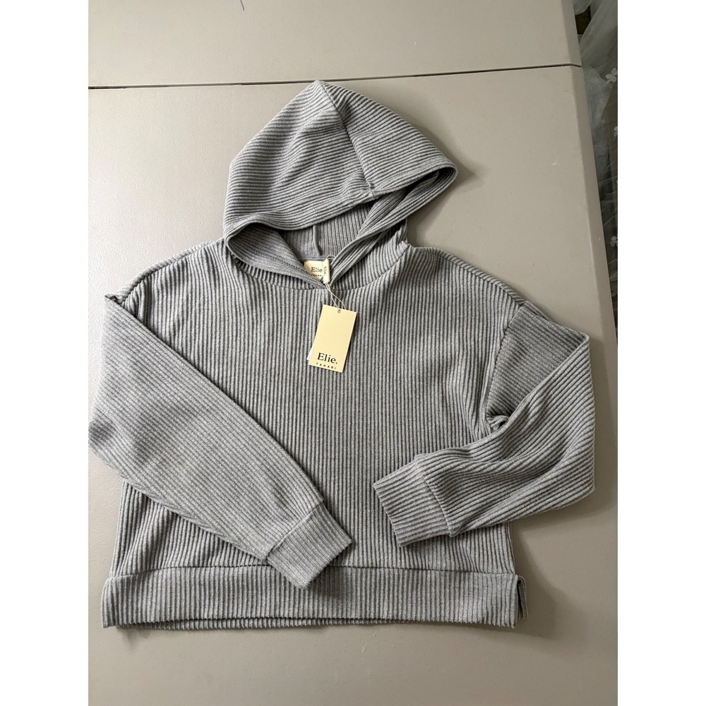 Elie Tahari Womens Grey Ribbed Knit Hoodie Pullover Sweater EH424004 Small
